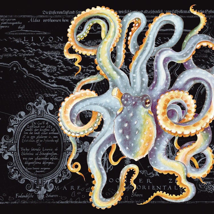 Octopus Grey Beige Vintage Map Dark by Seven Sirens Studios wall art