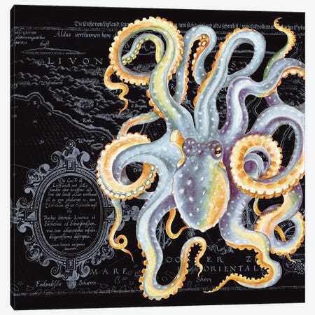 Octopus Grey Beige Vintage Map Dark Canvas Print #SSI74} by Seven Sirens Studios Canvas Art Print