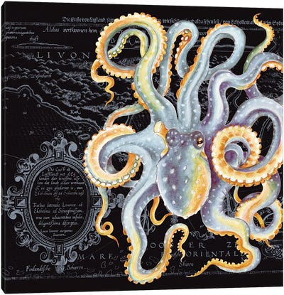 Octopus Grey Beige Vintage Map Dark Canvas Art Print - Nautical Maps