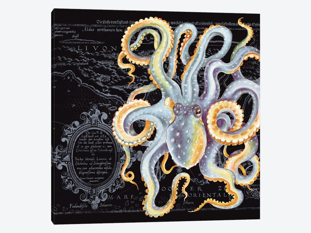 Octopus Grey Beige Vintage Map Dark by Seven Sirens Studios 1-piece Art Print