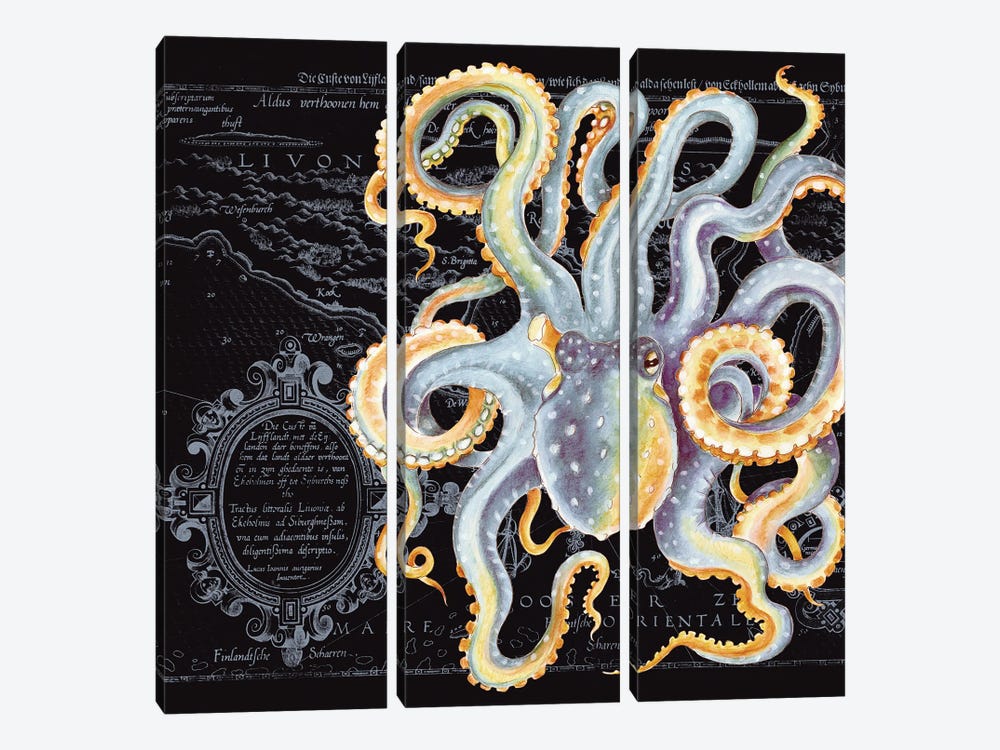 Octopus Grey Beige Vintage Map Dark by Seven Sirens Studios 3-piece Art Print