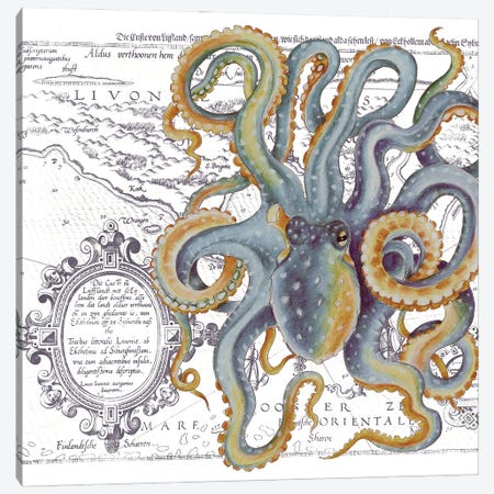 Octopus Blue Beige Vintage Map White Canvas Print #SSI75} by Seven Sirens Studios Canvas Art Print