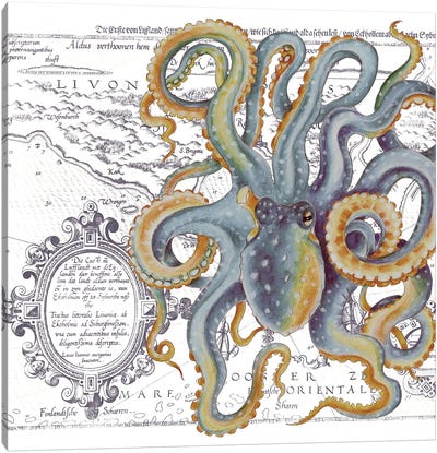 Octopus Blue Beige Vintage Map White Canvas Art Print - Octopus Art