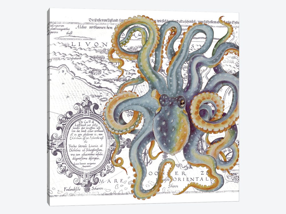 Octopus Blue Beige Vintage Map White by Seven Sirens Studios 1-piece Canvas Wall Art