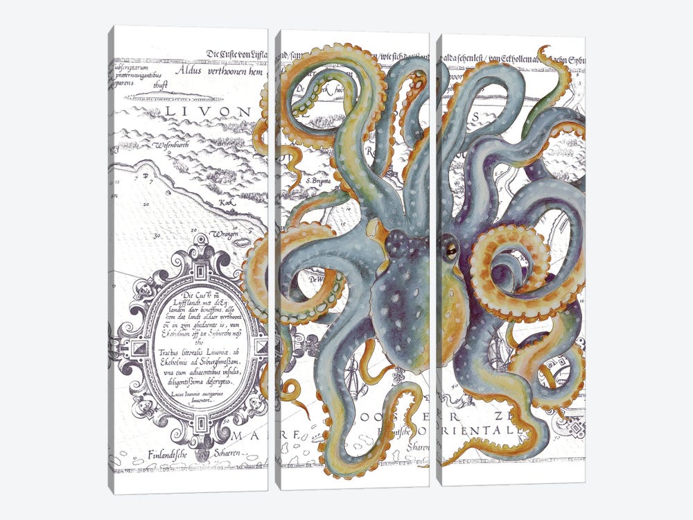 Octopus Blue Beige Vintage Map White by Seven Sirens Studios 3-piece Canvas Artwork