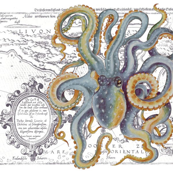 Vintage & Retro: Octopus Blue Beige Vintage Map White by Seven Sirens Studios