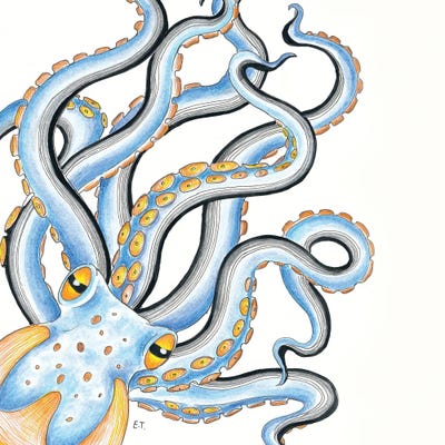 Funky Octopus Blue Yellow Ink by Seven Sirens Studios framed canvas print