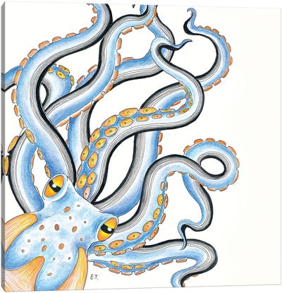Funky Octopus Blue Yellow Ink Canvas Art Print - Octopus Art