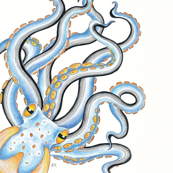 Seven Sirens Studios: Funky Octopus Blue Yellow Ink by Seven Sirens Studios