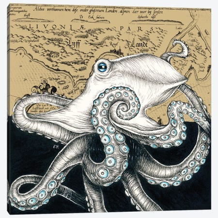 Octopus Vintage Map Beige Ink Canvas Print #SSI77} by Seven Sirens Studios Canvas Print
