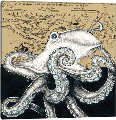 Octopus Vintage Map Beige Ink Canvas Art Print - Cottagecore Goes Coastal