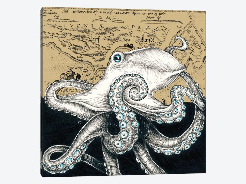 Octopus Vintage Map Beige Ink by Seven Sirens Studios 1-piece Canvas Art