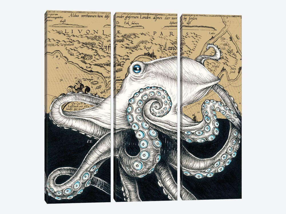 Octopus Vintage Map Beige Ink by Seven Sirens Studios 3-piece Canvas Art