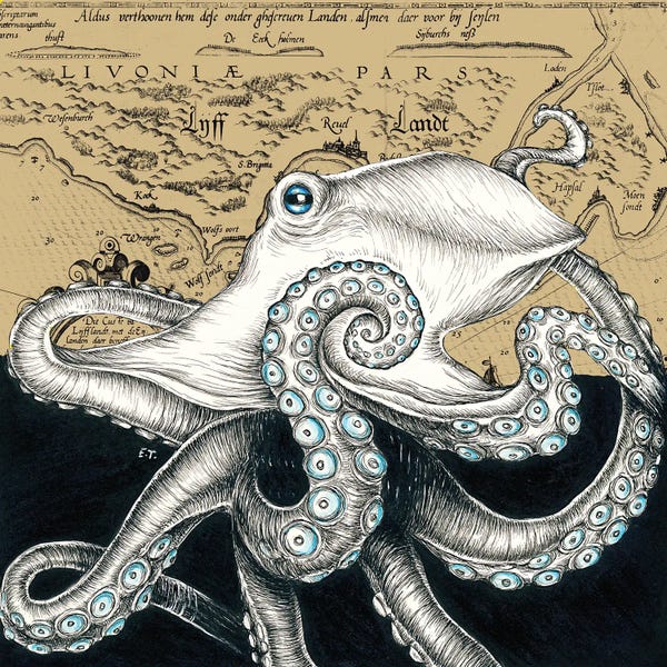 Seven Sirens Studios: Octopus Vintage Map Beige Ink by Seven Sirens Studios