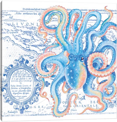 Blue Octopus Vintage Map Nautical Canvas Art Print - Vintage Maps