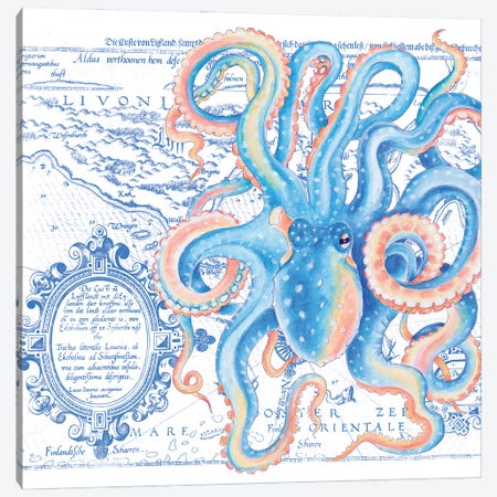 Blue Octopus Vintage Map Nautical Canvas Print #SSI78} by Seven Sirens Studios Canvas Art