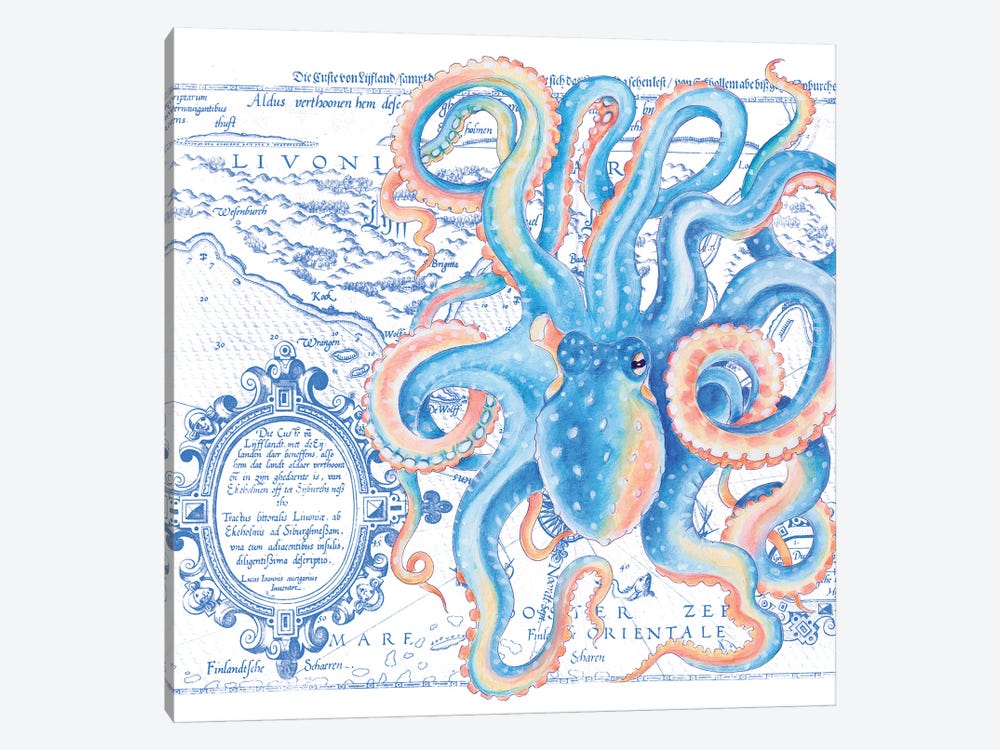 Blue Octopus Vintage Map Nautical by Seven Sirens Studios 1-piece Canvas Print