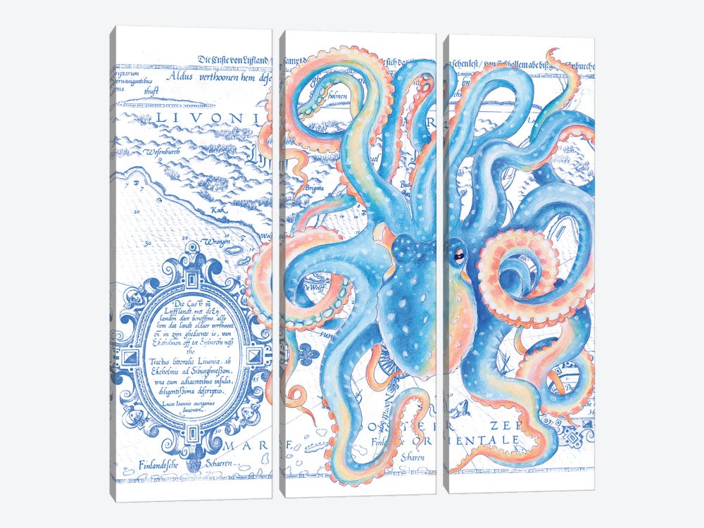Blue Octopus Vintage Map Nautical by Seven Sirens Studios 3-piece Canvas Art Print