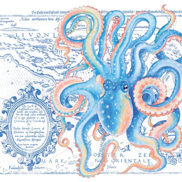 Seven Sirens Studios: Blue Octopus Vintage Map Nautical by Seven Sirens Studios