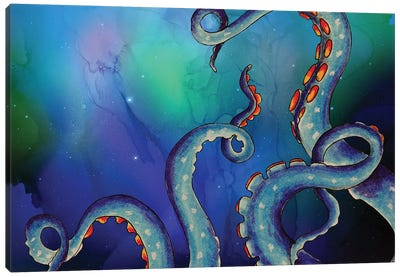 Blue Tentacles Octopus Teal Nebula Canvas Art Print - Kids Ocean Life Art