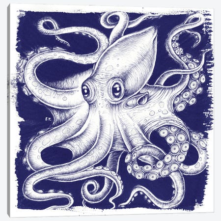 Octopus Blue White Ink Canvas Print #SSI80} by Seven Sirens Studios Canvas Art Print