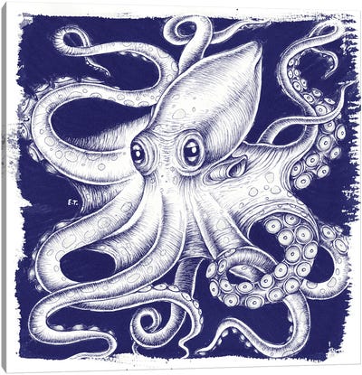 Octopus Blue White Ink Canvas Art Print - Seven Sirens Studios