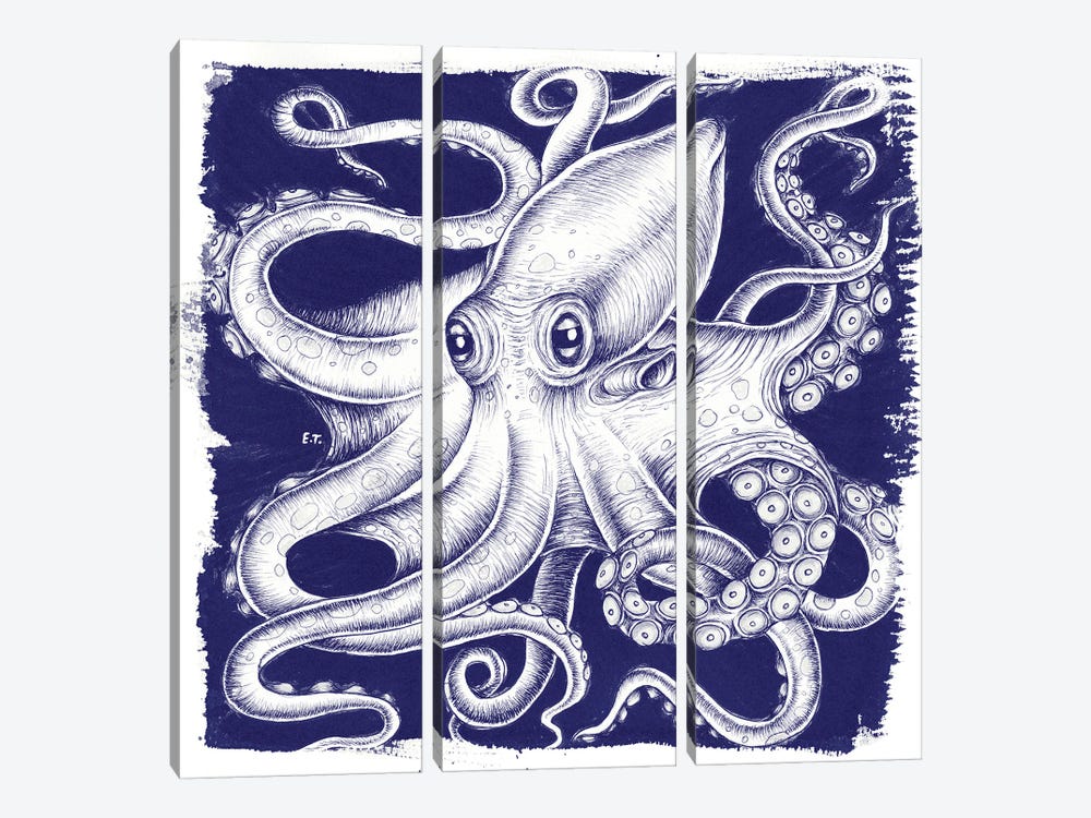 Octopus Blue White Ink by Seven Sirens Studios 3-piece Canvas Artwork