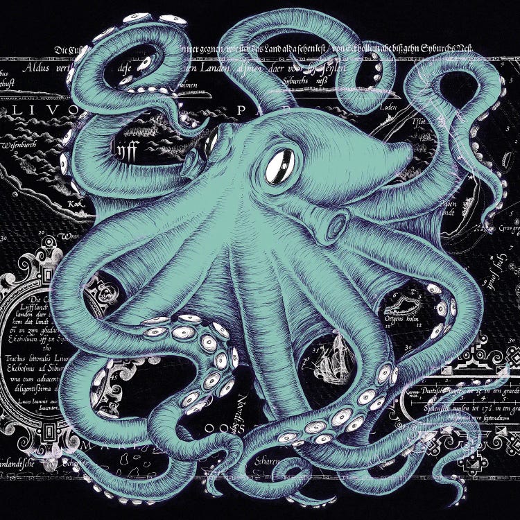 Teal White Octopus Vintage Map Black