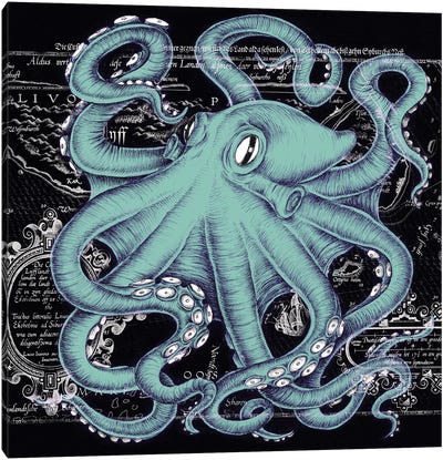 Teal White Octopus Vintage Map Black Canvas Art Print - Seven Sirens Studios