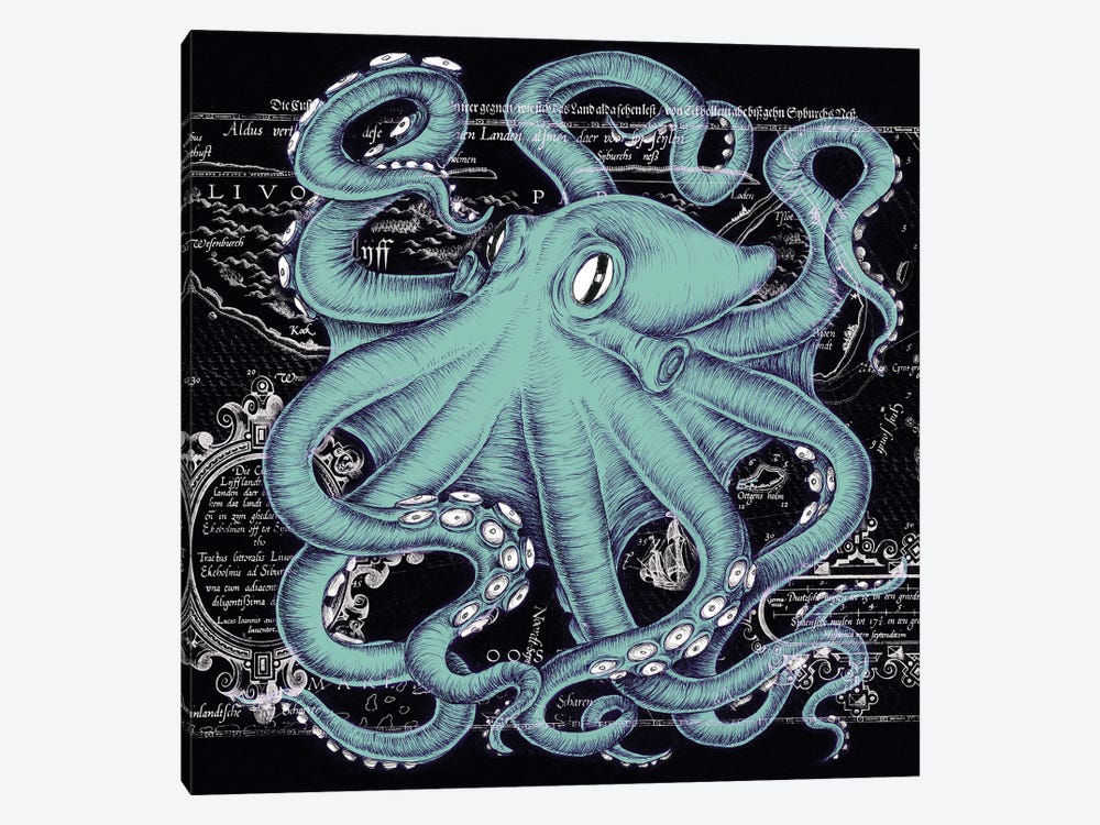 Teal White Octopus Vintage Map Black by Seven Sirens Studios 1-piece Art Print