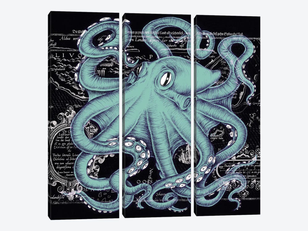 Teal White Octopus Vintage Map Black by Seven Sirens Studios 3-piece Art Print