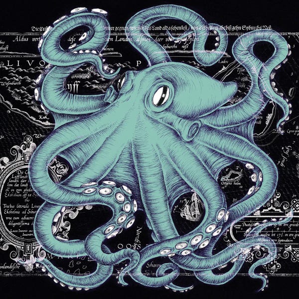 Octopi: Teal White Octopus Vintage Map Black by Seven Sirens Studios