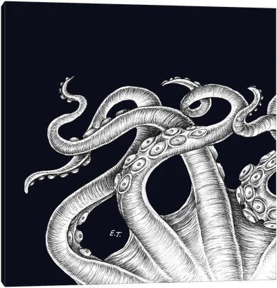 White Octopus Tentacles Kraken Black Canvas Art Print - Octopus Art