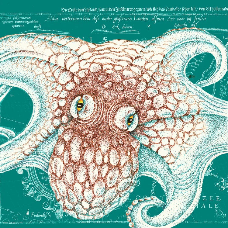 Orange Teal Octopus Vintage Map Ink