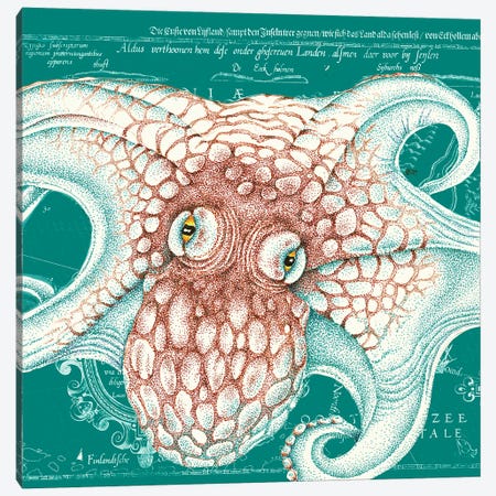 Orange Teal Octopus Vintage Map Ink Canvas Print #SSI83} by Seven Sirens Studios Canvas Print