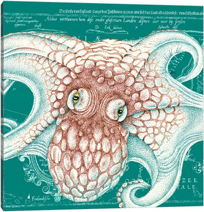 Orange Teal Octopus Vintage Map Ink Canvas Art Print - Vintage Maps