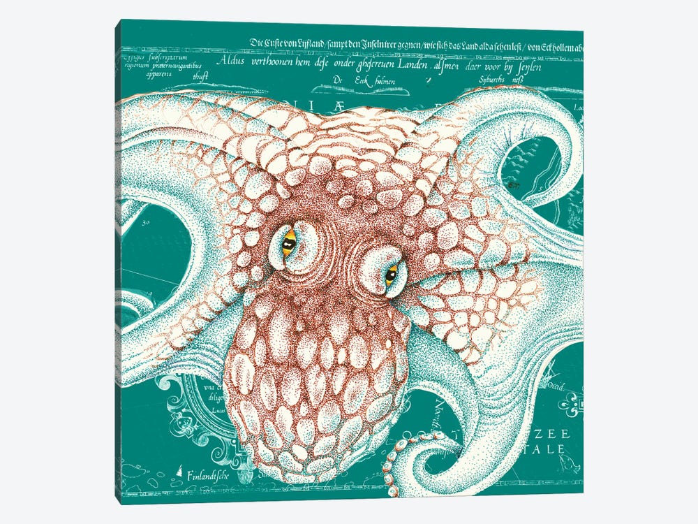 Orange Teal Octopus Vintage Map Ink by Seven Sirens Studios 1-piece Canvas Art Print