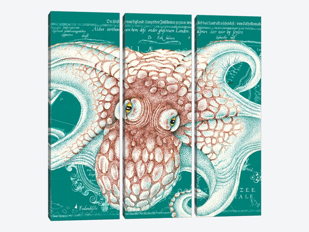 Orange Teal Octopus Vintage Map Ink by Seven Sirens Studios 3-piece Art Print