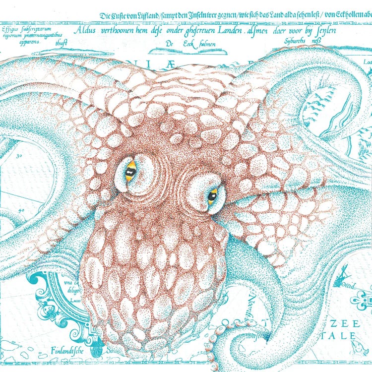 Octopus Orange Teal Vintage Map Ink