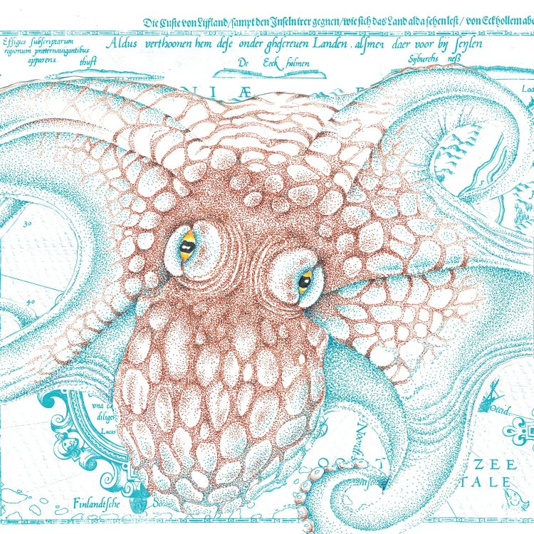 Octopus Orange Teal Vintage Map Ink by Seven Sirens Studios wall art