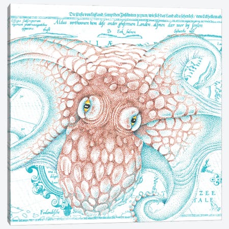 Octopus Orange Teal Vintage Map Ink Canvas Print #SSI84} by Seven Sirens Studios Canvas Artwork