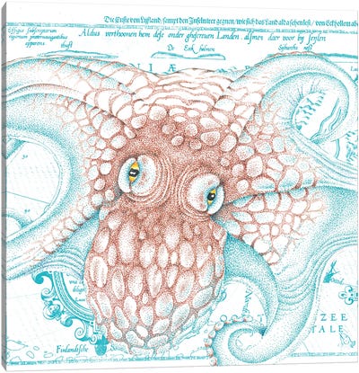 Octopus Orange Teal Vintage Map Ink Canvas Art Print - Nautical Maps
