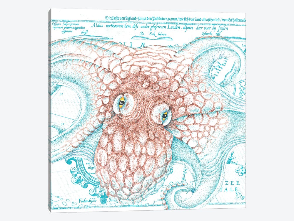 Octopus Orange Teal Vintage Map Ink by Seven Sirens Studios 1-piece Canvas Art