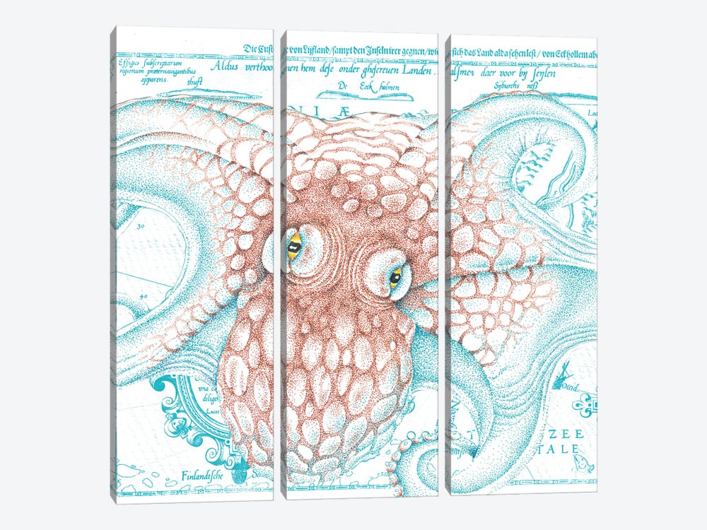 Octopus Orange Teal Vintage Map Ink by Seven Sirens Studios 3-piece Canvas Wall Art