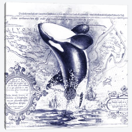 Orca Whale Breaching Vintage Map Purple Canvas Print #SSI86} by Seven Sirens Studios Canvas Wall Art