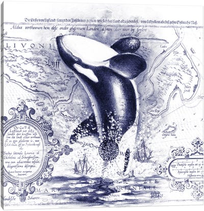 Orca Whale Breaching Vintage Map Purple Canvas Art Print - Nautical Maps