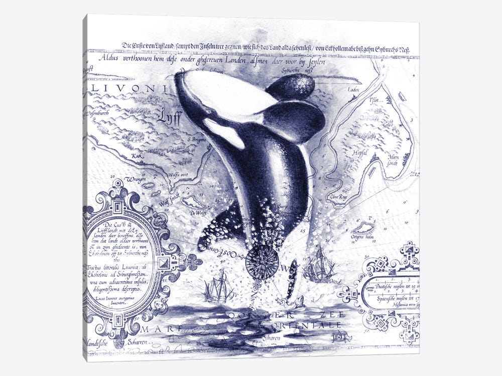Orca Whale Breaching Vintage Map Purple by Seven Sirens Studios 1-piece Canvas Wall Art