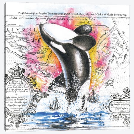 Orca Whale Breaching Vintage Map Rainbow Canvas Print #SSI87} by Seven Sirens Studios Canvas Wall Art