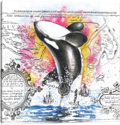 Orca Whale Breaching Vintage Map Rainbow Canvas Art Print