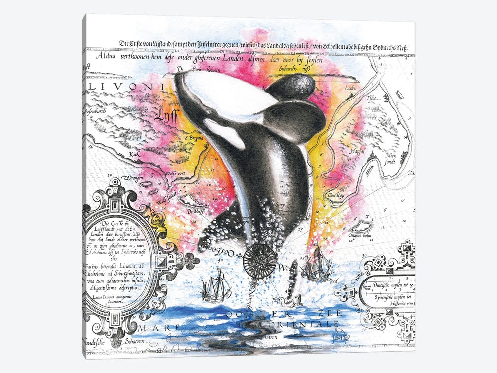 Orca Whale Breaching Vintage Map Rainbow by Seven Sirens Studios 1-piece Art Print